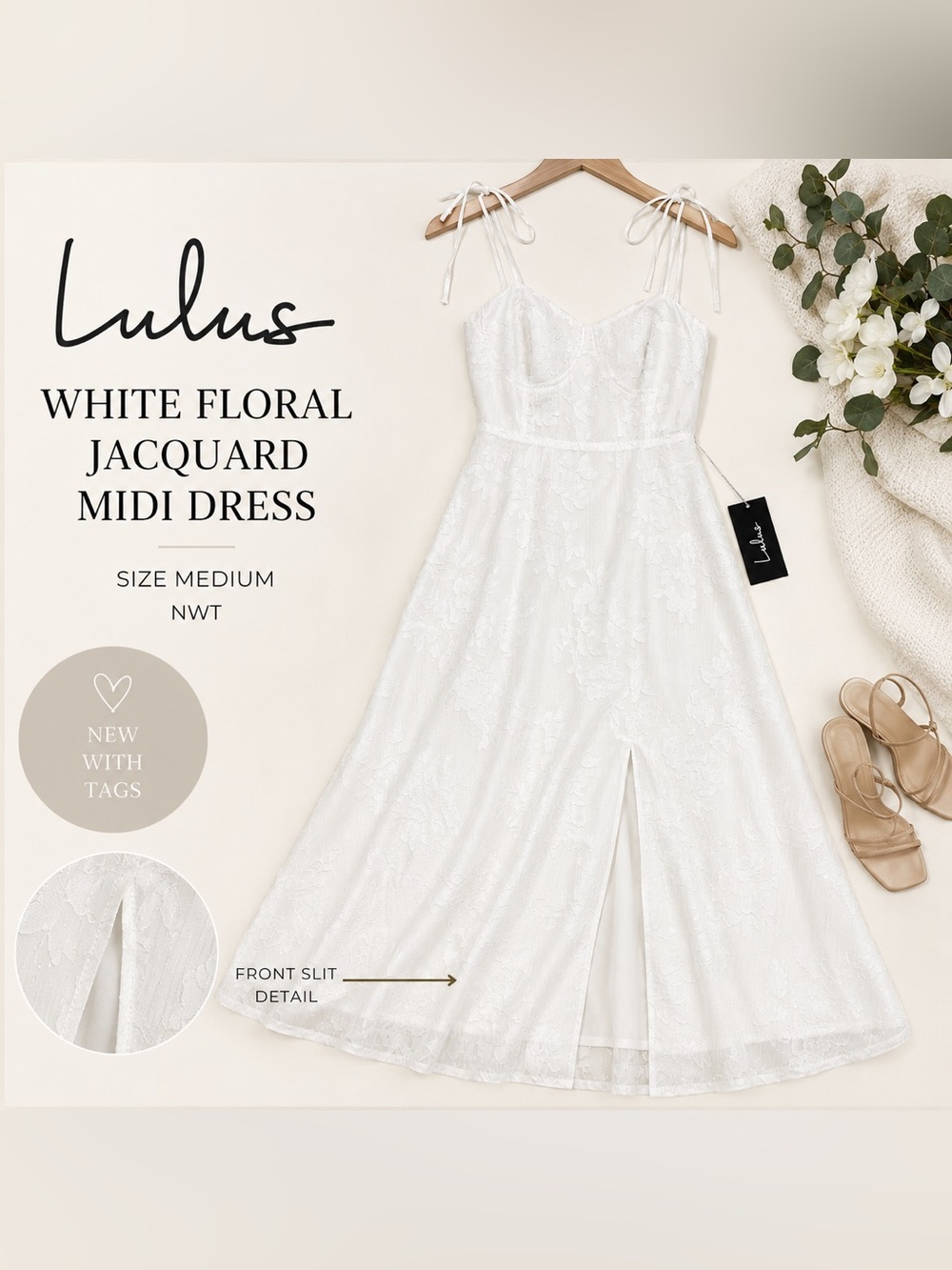 Lulus White Jacquard Floral Tie Strap Midi Dress NWT Size Medium